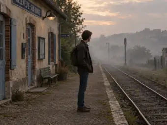 Junger Mann steht an einsamen, französischen Landbahnhof
